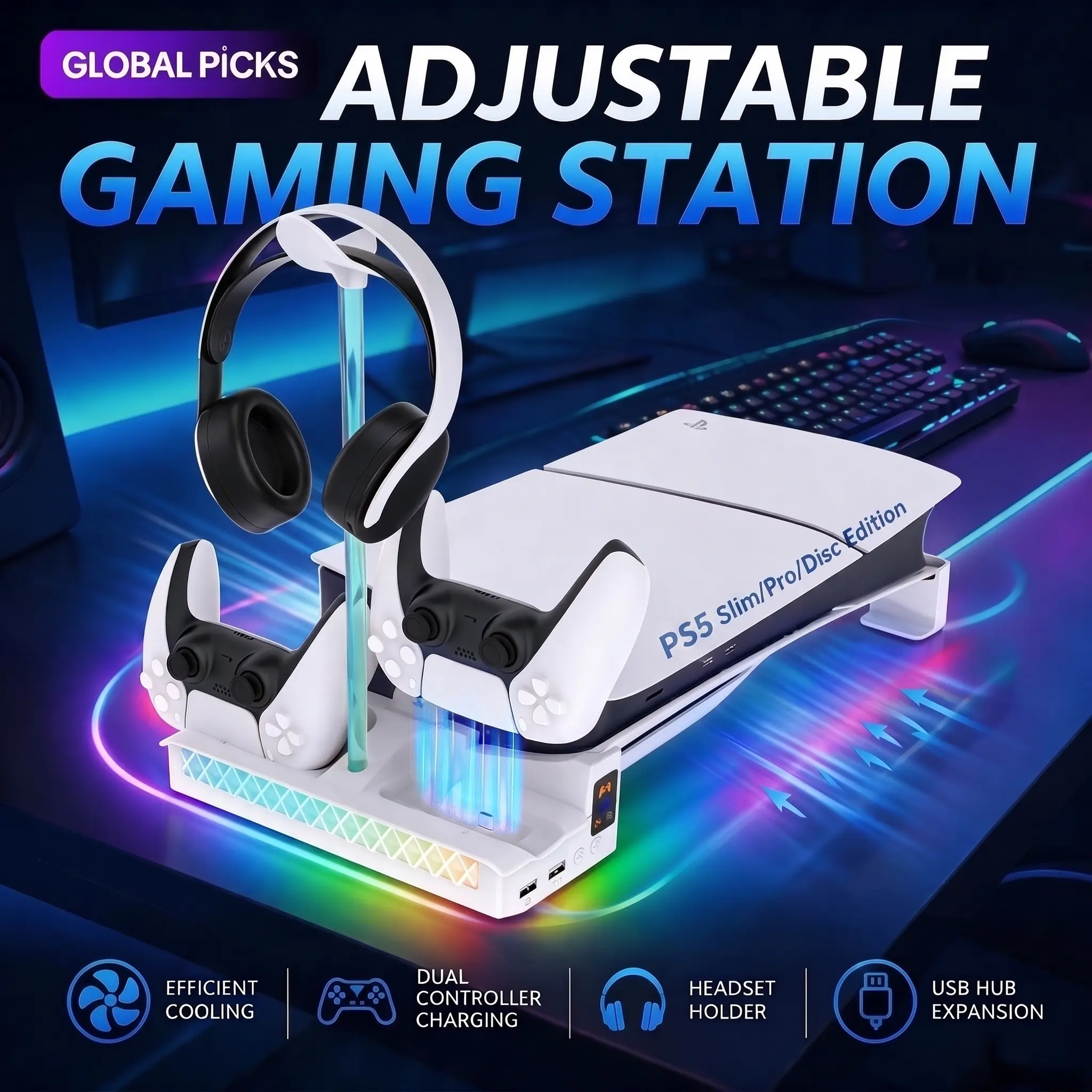 PS5 Horizontal Stand with Cooling Fan & Charger for Original Edge Controllers - Scalable Design Base with EVA Foams for All PS5 Disc/Digital, Slim/Pro Models (White)