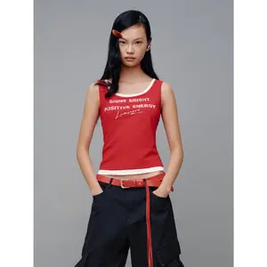 URBAN REVIVO 2026 Summer Women's Slim-Fitting Sleeveless Color Block Stitch Letter Print Cotton-Spandex Tank Top Clothes, Casual Style, Gentle Washing, UYV460030
