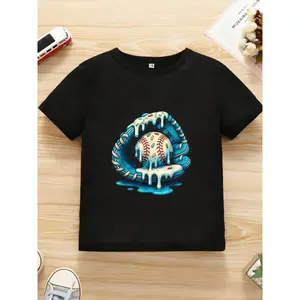 Sporty Black T-Shirt with Colorful Baseball Glove & Sprinkles Graphic - Short Sleeve Casual Tee, Regular Fit Round Neck Top for Play, Machine Washable for young Sports Enthusiasts & Casual Outfits