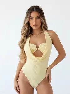 Ribbed Halter Sleeveless One-Piece Fitted Bodysuit, Ruched Wrap Bodysuit, Ring Cutout Sexy Chic Style, Slimming Fit Bodycon Jumpsuit, Women's Fashion Clothing, Womenswear, Solid Ribbed Bodysuit
