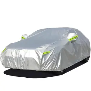 Silver All Weather Car Cover with Reflective Stripes,Full Car Exterior Cover,Winter Rain and Sun Protection Sedan Model.