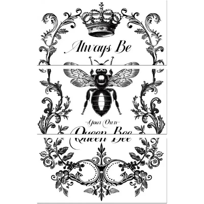 Rub on Transfer Decals for Furniture Crafts Decor Vintage Black and White Queen Bee 6"x12", 3Pcs Waterproof UV DTF Transfer Sticker for Lingerie Chests Drawer Dresser Glass Plastic