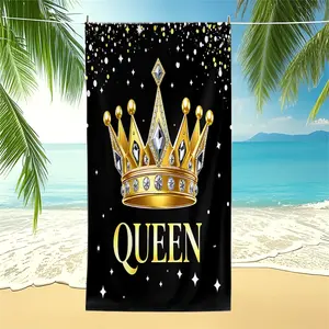 Powerful Black and Gold Crown-Patterned Beach Towel,Queen Design and Is Digitally Printed, Making It a Perfect Summer Accessory! It Can Also Be Used as a Swimming Towel, Camping Towel, or Everyday Bath Towel.
