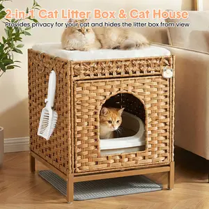 Enclosed Hidden Litter Box Cabinet with Iron Frame & PP Panels, Includes 2 S-Hooks, Natural Color, 55.5*50.5*10 cm
