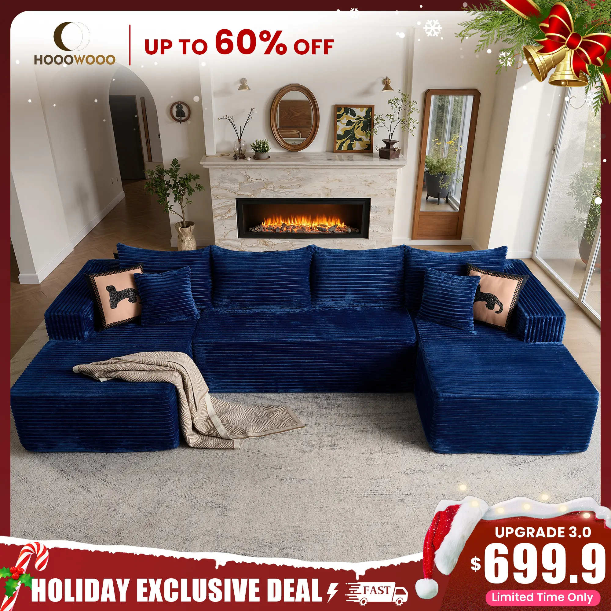 【3 or 2 Packages Shipped】135" or 108" U Shape Modular Sectional Sofa, Compressed Corduroy Fabric, Modern Style Living Room Sofa Bed, Space-Saving Recliner Design - Convertible Corduroy Sectional Sofa