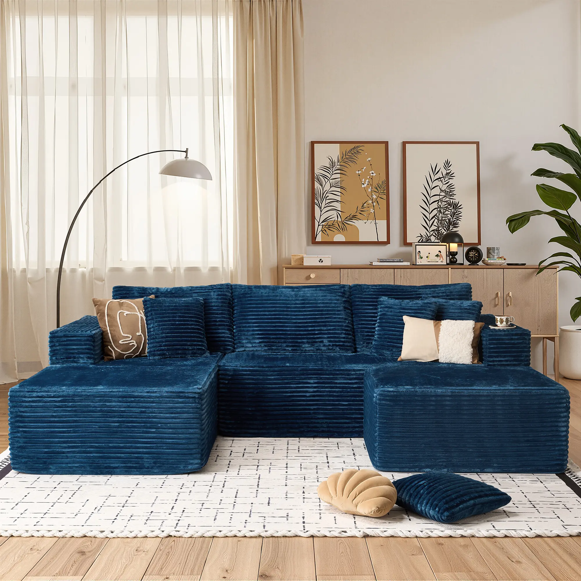 Blue Plush Corduroy Left Chaise
