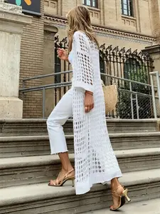 Women's Solid Color Long Cardigan Knitwear, Womenswear, Vacation, Hollow Design, Fashionable Comfortable Coat, Ideal for Casual Wear
