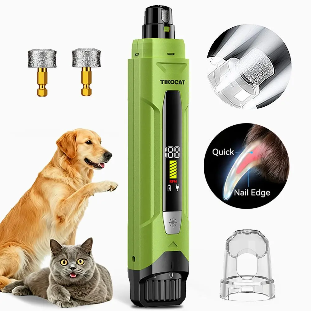 TIKOCAT Ultra-Quiet Pet Nail Grinder with Quiet Motor - 2000mAh Rechargeable Battery, 6 Speeds, 4-LED Power Display, 3 Diamond Grinding Bits, 12-Hour Runtime, Calm Gentle Paw Care, Painless Nail Grinding for Cats & Dogs, Diamond Bits sohochic