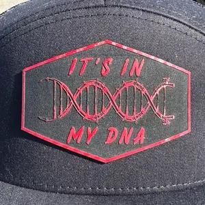Richardson 168 Flat Bill Trucker Hat with "It's In My DNA" Fishing Rod Patch Red Carbon Fiber Leatherette Fishing DNA Hat