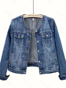 Women's Plus Size Denim Jacket Long Sleeve Classic Retro Button Design Pockets, Casual Elegant Aesthetic Versatile Truck Driver Jacket Coats Womenswear for All Seasons