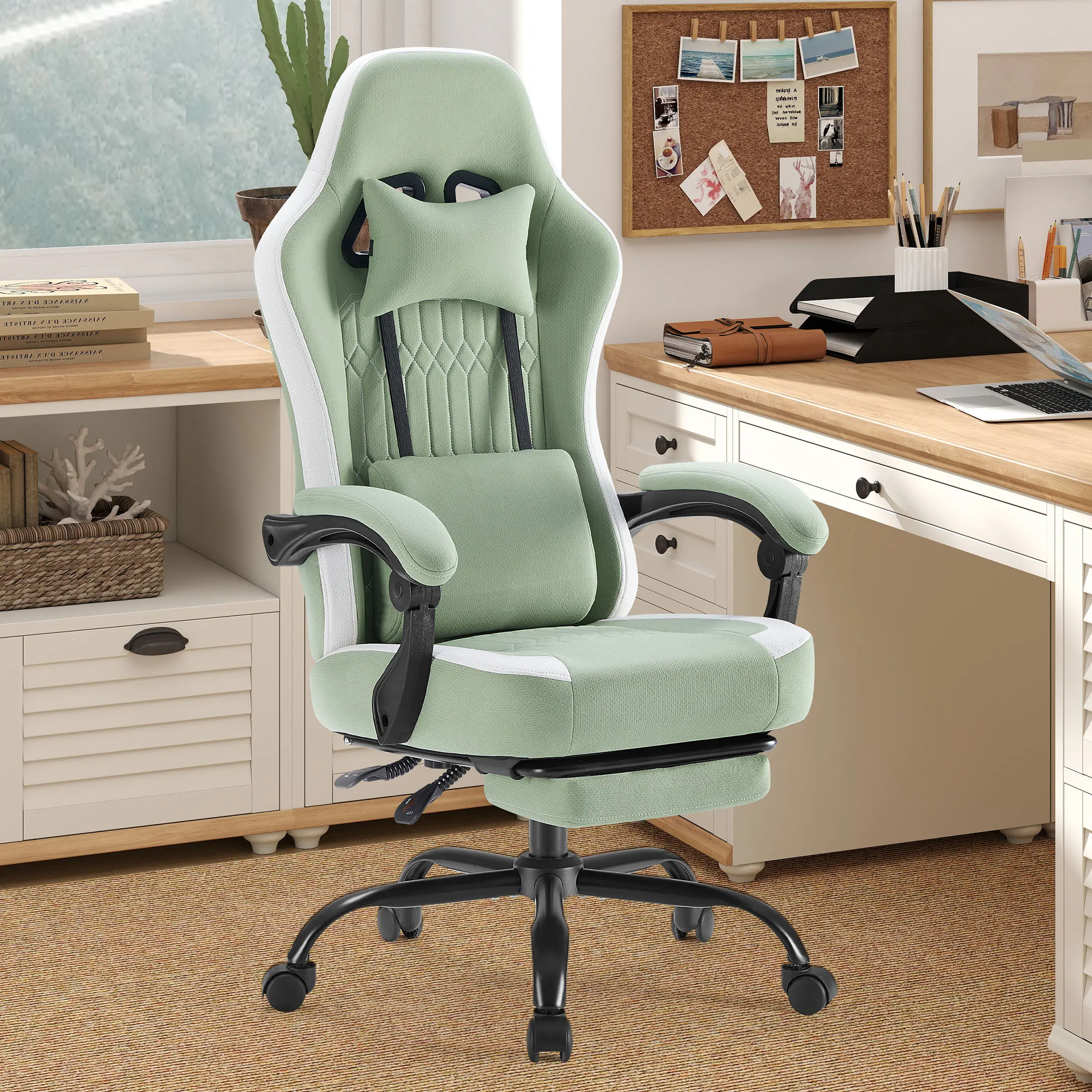Green Ergonomic Desk Chair with Footrest and Lumbar Support, 360° Swivel, Comfortable for Work and Pla