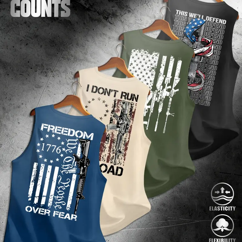 American Flag Print Men's Sleeveless Vest 4-Pack, Breathable Stretchy Fabric, Sporty Fitted, Comfortable for Daily Streetwear, Graphic Sleeveless Shirts
