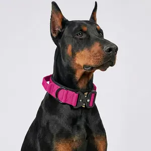 Pink Tactical Dog Collar for Doberman Heavy Duty K9 Training Gear with Control Handle Quick Release Metal Buckle Adjustable Thick Nylon