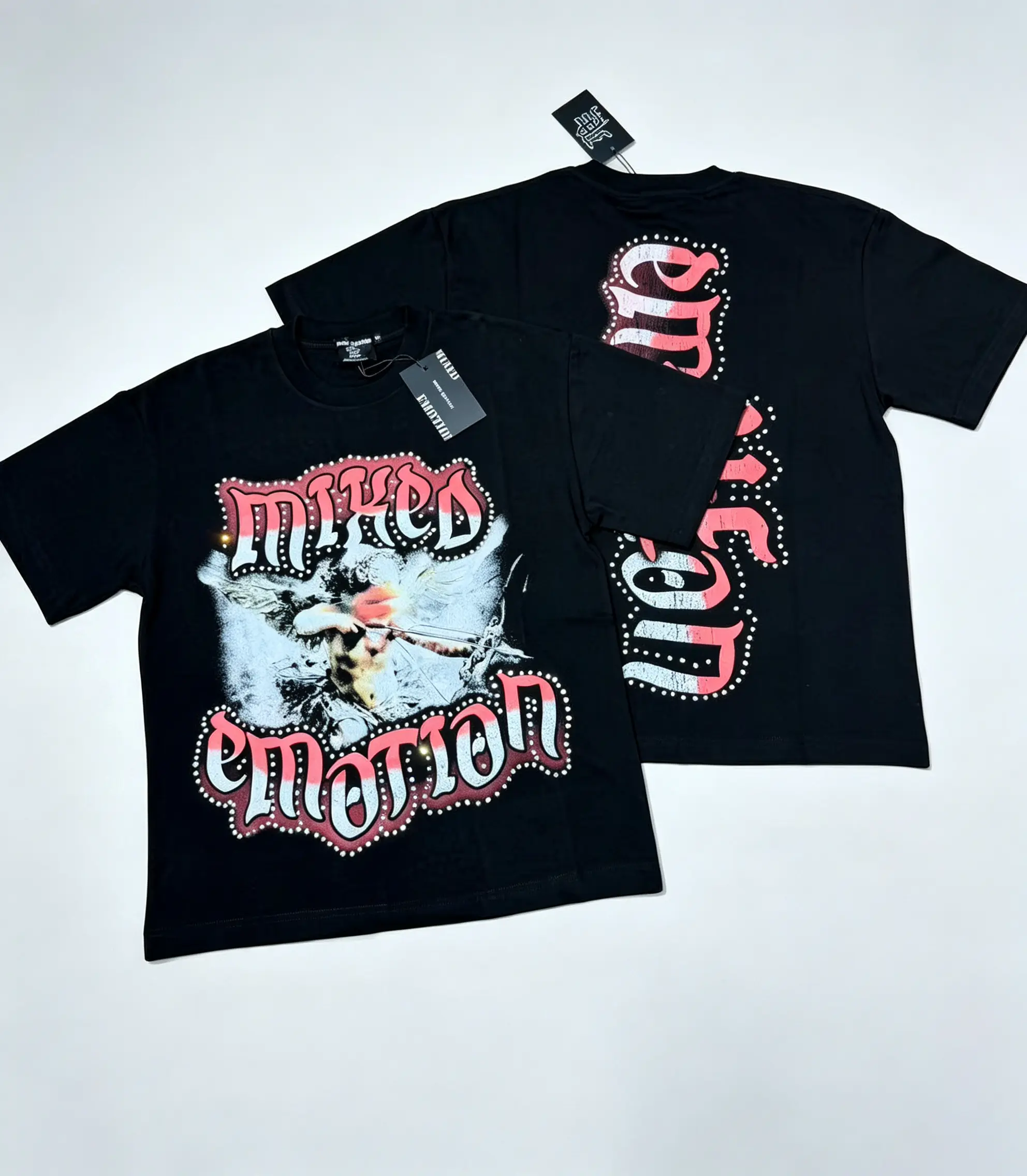 2026 Unisex MIXED EMOTION Rhinestone Graphic Tee 270g Heavyweight Black Cotton Oversized Gothic Streetwear T-Shirt
