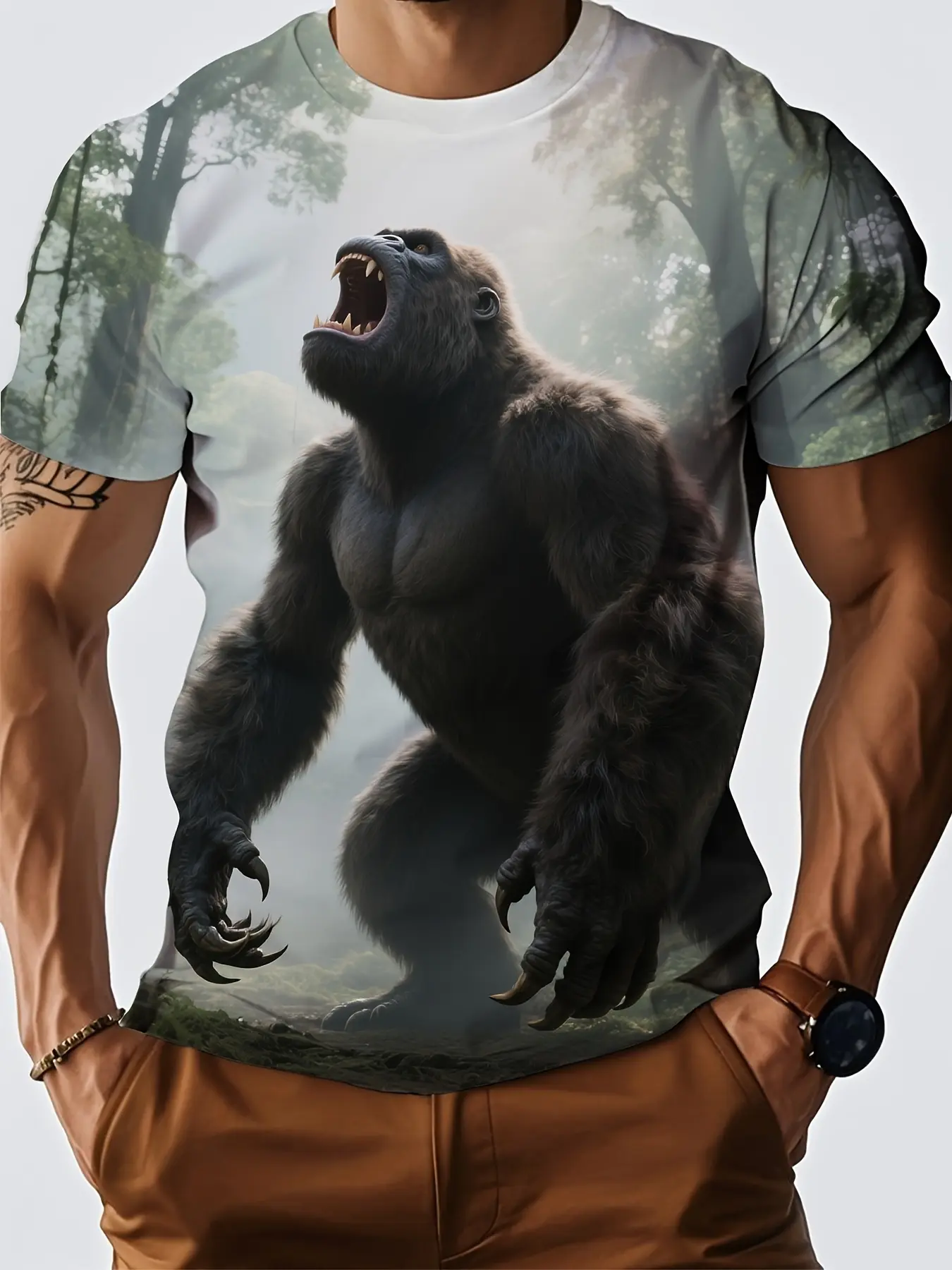 Men's Full-Body Gorilla Jungle T-Shirt - Bold Wild Animal Print Crew Neck Short Sleeve Top, Casual Outdoor & Streetwear Shirt with Jungle Design, Suitable for Summer Wear and Gorilla-Themed Outfits, PLUS SIZE