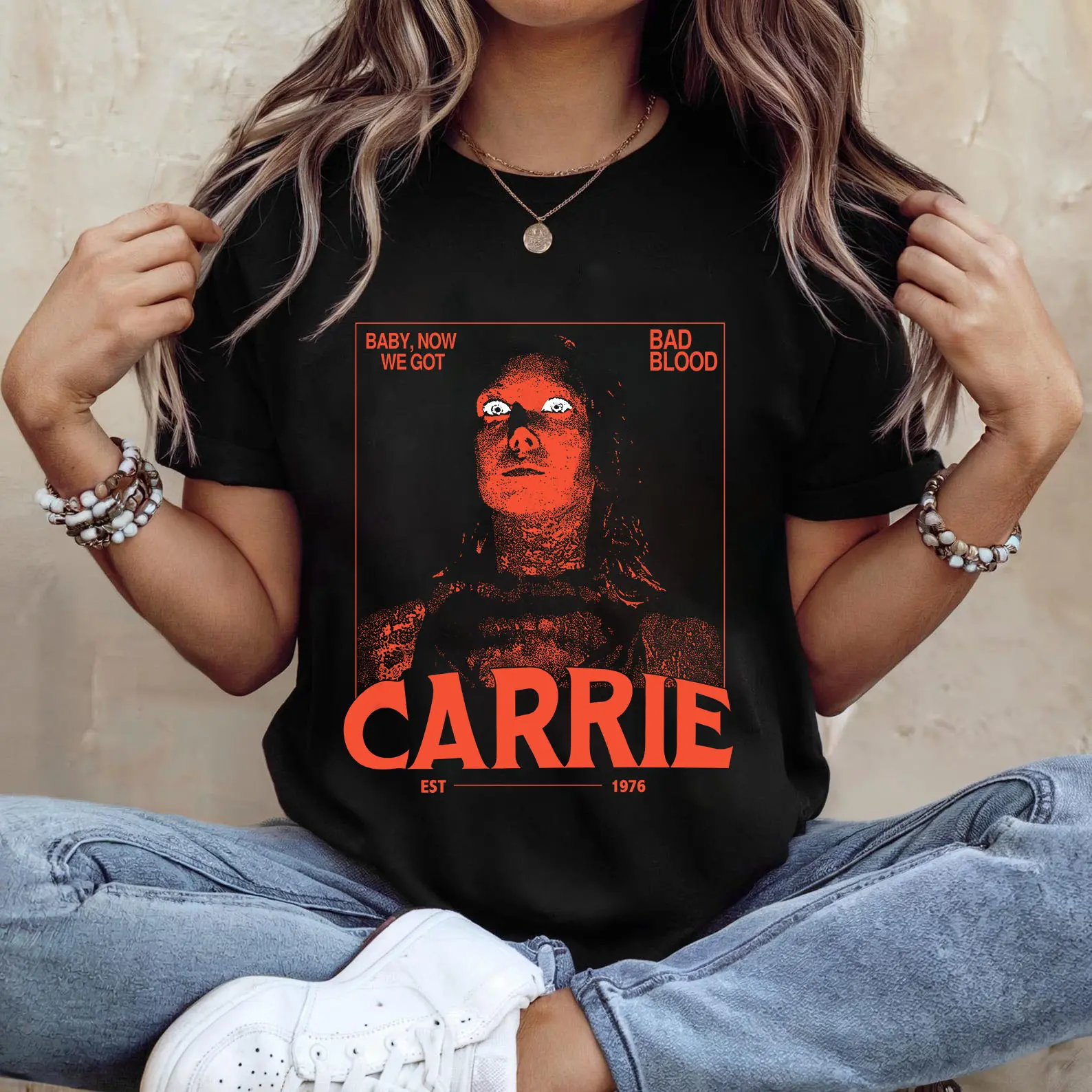 Baby Now We Got Bad Blood Shirt, Carrie Halloween Movie Shirts, Classic Horror Movie Graphic Tshirt/Sweatshirt/Hoodie