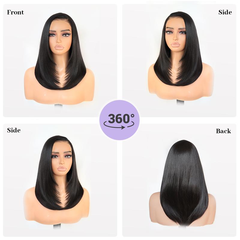 U&A Hair Synthetic 9x7 Glueless C-Part Layered Short Wig 14 Inch，Wear and Go Lace Front Straight Wig Pre Plucked Pre Cut Natural Hairline with Tiny Knots