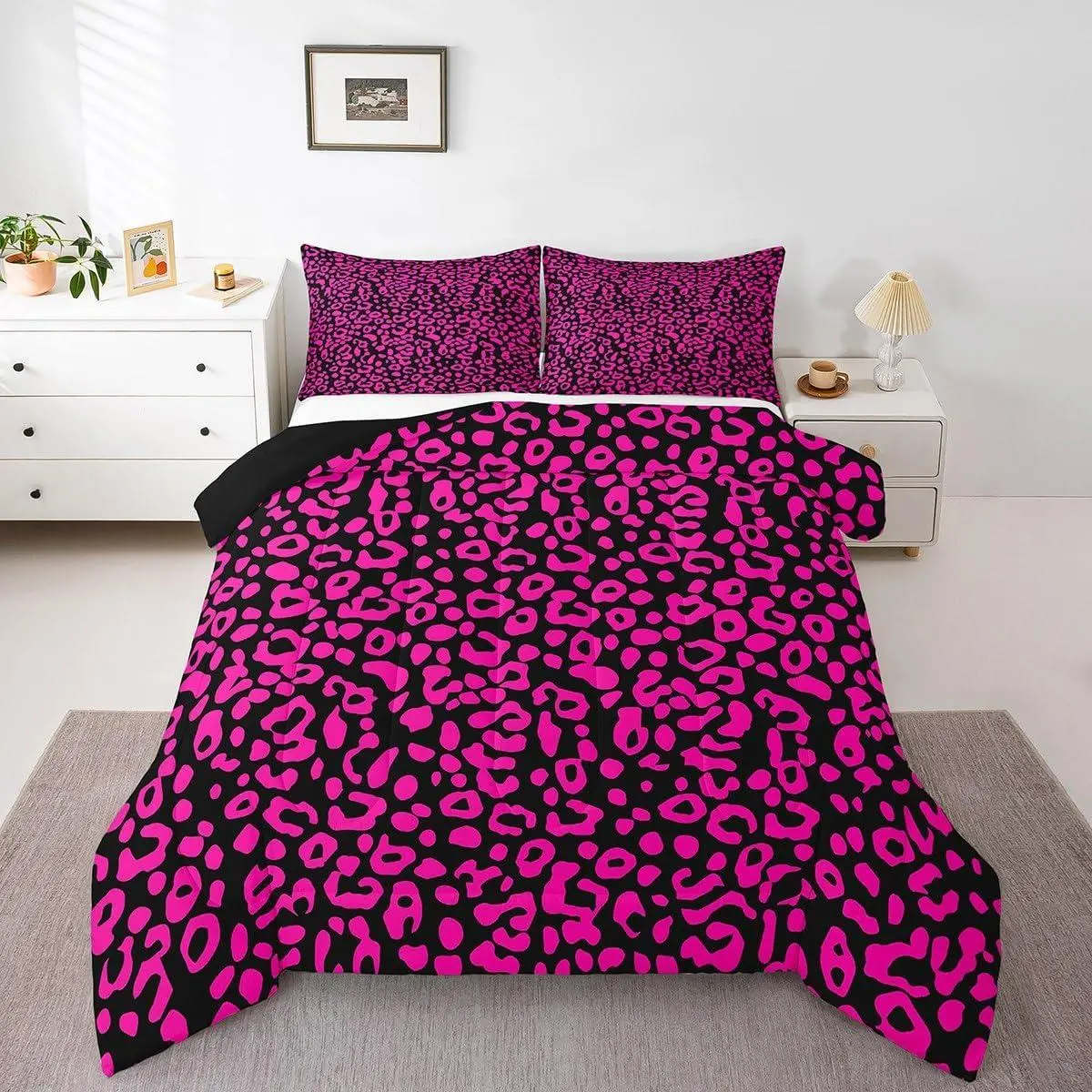 Hot Pink Black Leopard Duvet Quilt Cheetah Comforter Set Decor Animal Print Bedding Set Breathable Soft Lightweight Microfiber Bedroom Decor