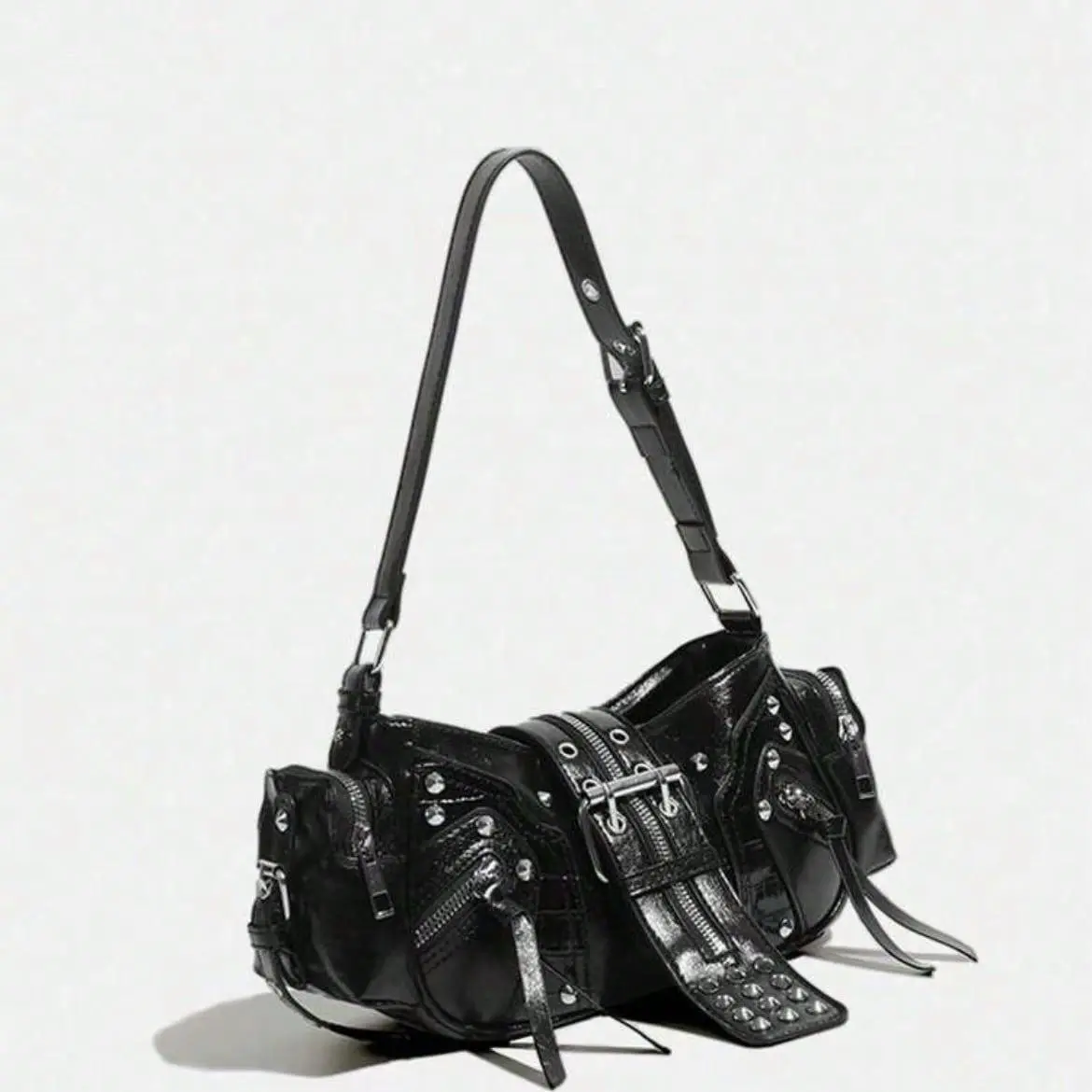 Unisex Punk Rock Motorcycle Shoulder Bag, Y2K Oilcloth Leather, Curve Tote Bag, Crossbody Underarm Handbag With Adjustable Strap, Suitable For Shopping, Traveling, Commuting