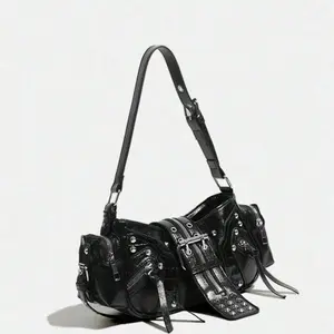Unisex Punk Rock Motorcycle Shoulder Bag, Y2K Oilcloth Leather, Curve Tote Bag, Crossbody Underarm Handbag With Adjustable Strap, Suitable For Shopping, Traveling, Commuting