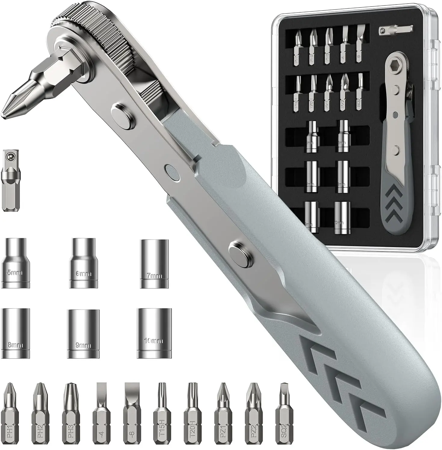 Right Angle Ratcheting Screwdriver Set, [Bearing Steel] 36-Tooth Mini Ratchet Wrench, Low Profile Ratchet Screwdriver, Magnetic Offset Screwdriver