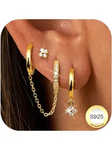 3 Pairs Gold Earrings Set for Women 925 Sterling Silver Hoop Earring Set 14K Gold Plated Hoop Earrings Small Huggie Hoops Hypoallergenic Studs Earring CZ Cartilage for Multiple Piercing Earring Stack