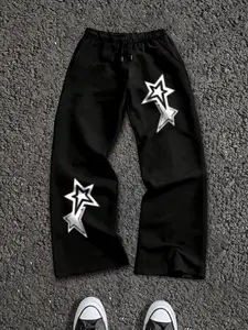 Men's Y2K Style Gradient Star Print Wide Leg Sweatpants, Base Silver Color Design, Loose Fit Straight Leg, Spring Fall Streetwear Pants, Menswear