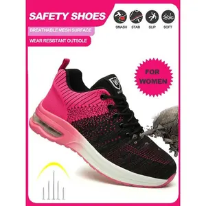 Women's steel-toe sports non-slip  air cushion work Safety shoes, made of breathable mesh material, lace-up style, featuring anti-smashing, anti-piercing, Lightweight shock-absorbing and wear-resistant properties. Closed Girl