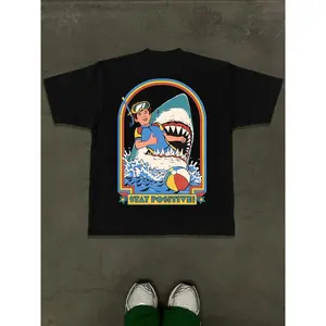 GraphicTeeMen's Cartoon Shark Print Round Neck Tee, Loose Casual Fashion Short Sleeve T-shirt for Daily Wear, Men's Clothes for All Seasons, Casual StreetwearTrendyTee VintageTee CoolTshirt