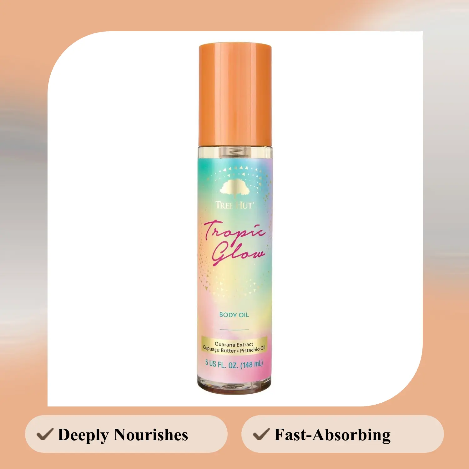 Tree Hut Tropic Glow Moisturizing Body Oil, 5 Fl Oz | Hydrating Oil for Soft & Glowing Skin, Notes Almond, Amber, & Sandalwood, Enriched w/ Cupuaçu Butter, Guarana, Pistachio Oil