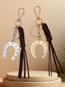 Horseshoe Keychain, Alloy Horseshoe Leather Handwoven Hanging Charm Keychain, & Silver Color Horseshoe Keychains, All Seasons