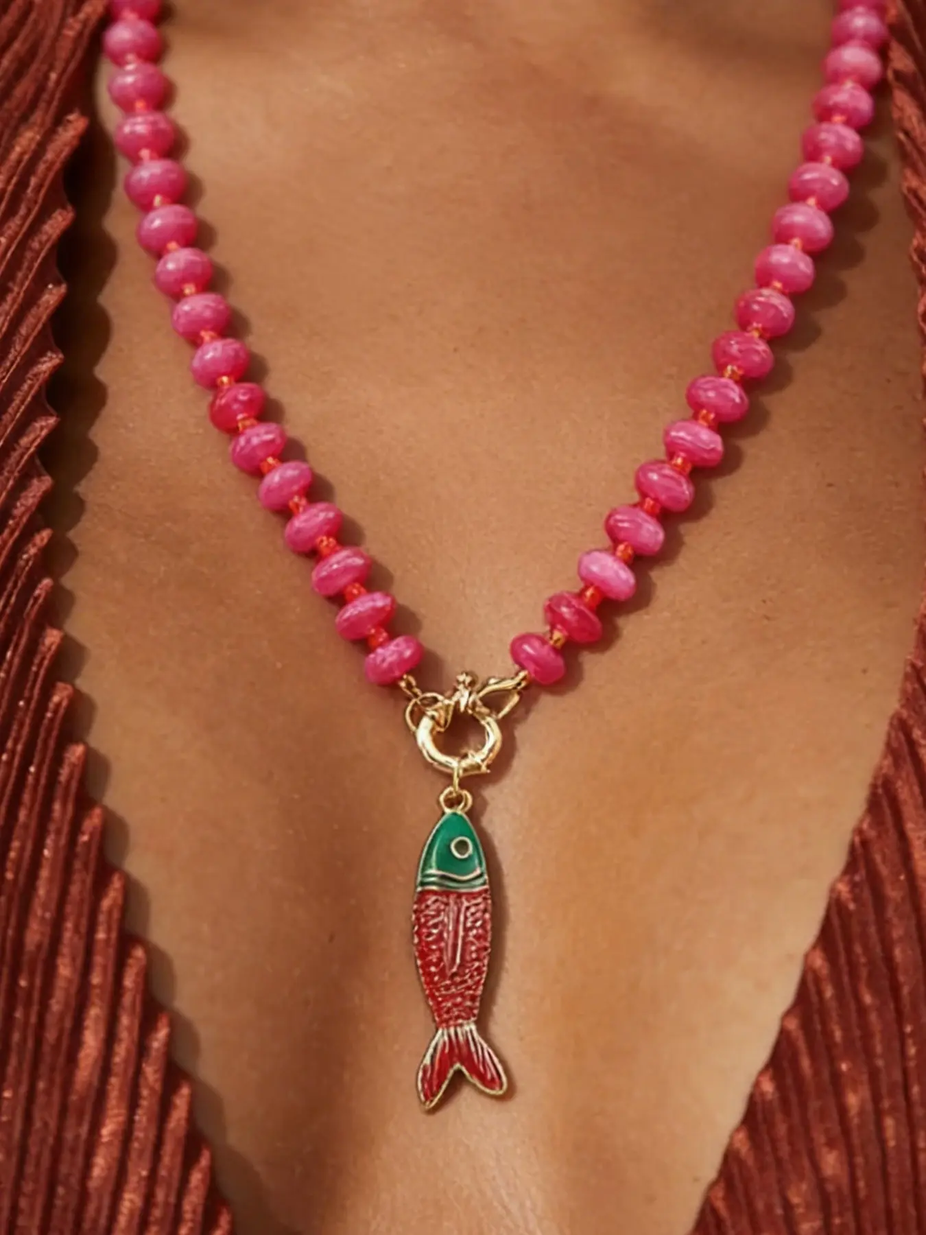 New Dopamine Colorful Beaded Necklace, Fashion Casual Vacation Style, Small Fish Pendant, Collarbone Chain, Trendy Jewelry for Women, Dainty Necklace, Alloy Necklace, Casual Style Necklaces