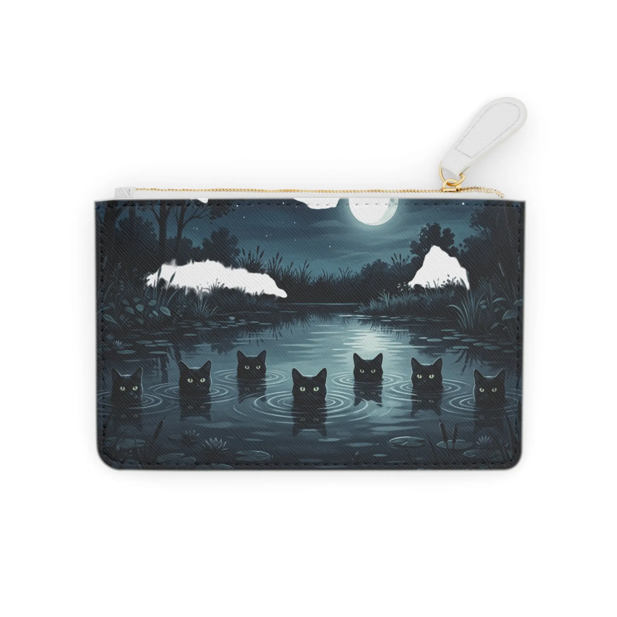 Moonlit Cats in Pond Mini Clutch Bag | Cat Paw Print Zipper Pouch