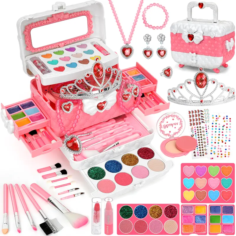 56PCS Kids Washable Pretend Play Set - Realistic Makeup, Rings, Crowns, Necklace, Mix & Match Looks, Color Mixing, Dress Up Game, Imaginative Role Play, Christmas/Birthday Kid Girl Gifts for 3-12 Year Olds