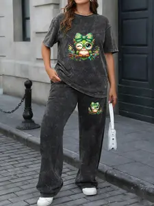 Plus Size Women's Vintage Washed Two-piece Set - Short Sleeve T-shirt & Wide-leg Pants, For Outdoor Wear