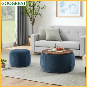 [GOOGREAT]Tea Table, Coffee Table Round Storage Ottoman, 2 In 1 Function, Work As End Table And Ottoman,With Small Seat,Dark Blue(25"X25"X14.7")