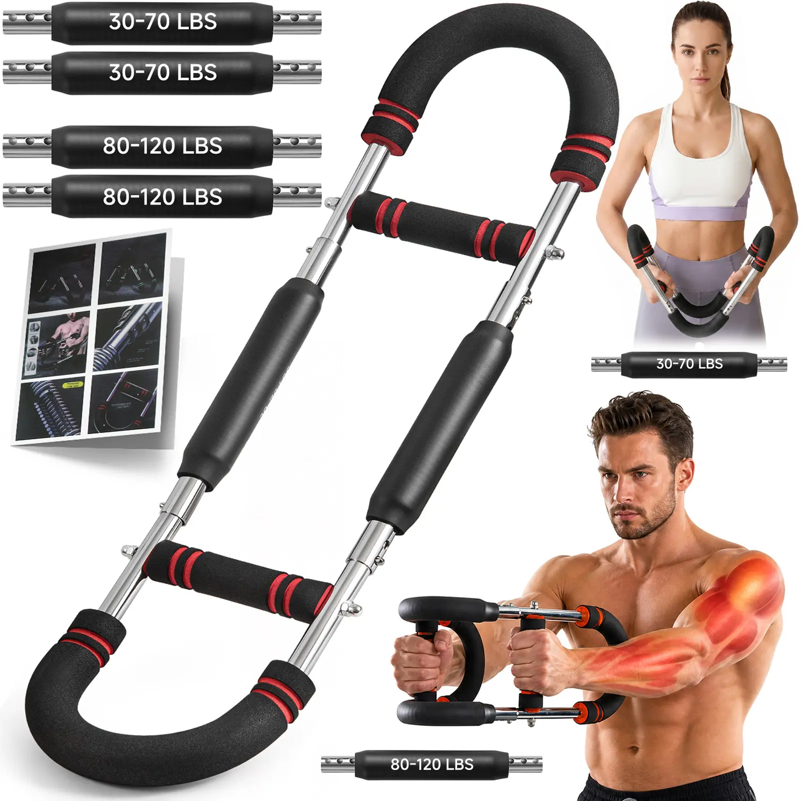 Twister Arm Trainer, 10 Resistance Levels 30-120 lbs Adjustable Arm Chest Exerciser, 4 Spring Detachable Power Twister Home Fitness Equipment for Upper Body Muscle Training, Gym Sets for Men and Women