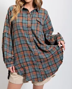 Washed Flannel Shirt - Button Collared, Lightweight Design, Oversized Fit, Ideal for Women's Wear and Tops, Loose Plaid Shirt with Frayed Lantern Sleeves, Street Style European and American British Loose Casual Spring Fashion Unique Plaid