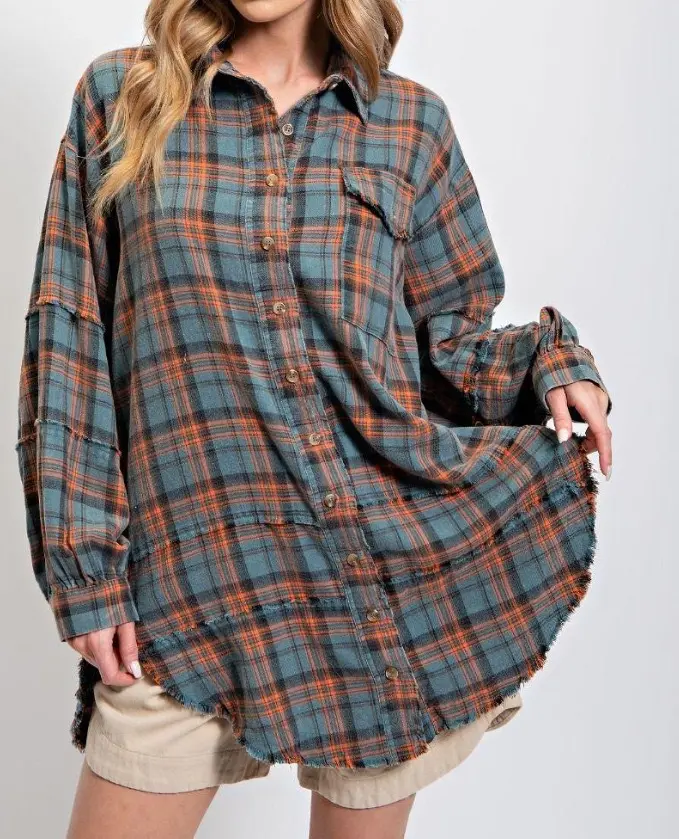 Women's Washed Checkered Plaid Flannel Collared Shirt - Baggy Oversized Loose Fit, Button Closure, Lightweight Acrylic Fabric, Frayed Lantern Long Sleeves, Korean Raglan Athletic Street Style Casual Spring Top for Thanksgiving, Easter, Checkered Print, Ha