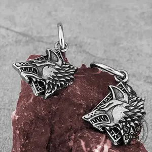 GTHIC Viking Rune Wolf Head Stainless Steel Earrings Mythic Viking-Inspired Statement Jewelry Suitable for Men and Women