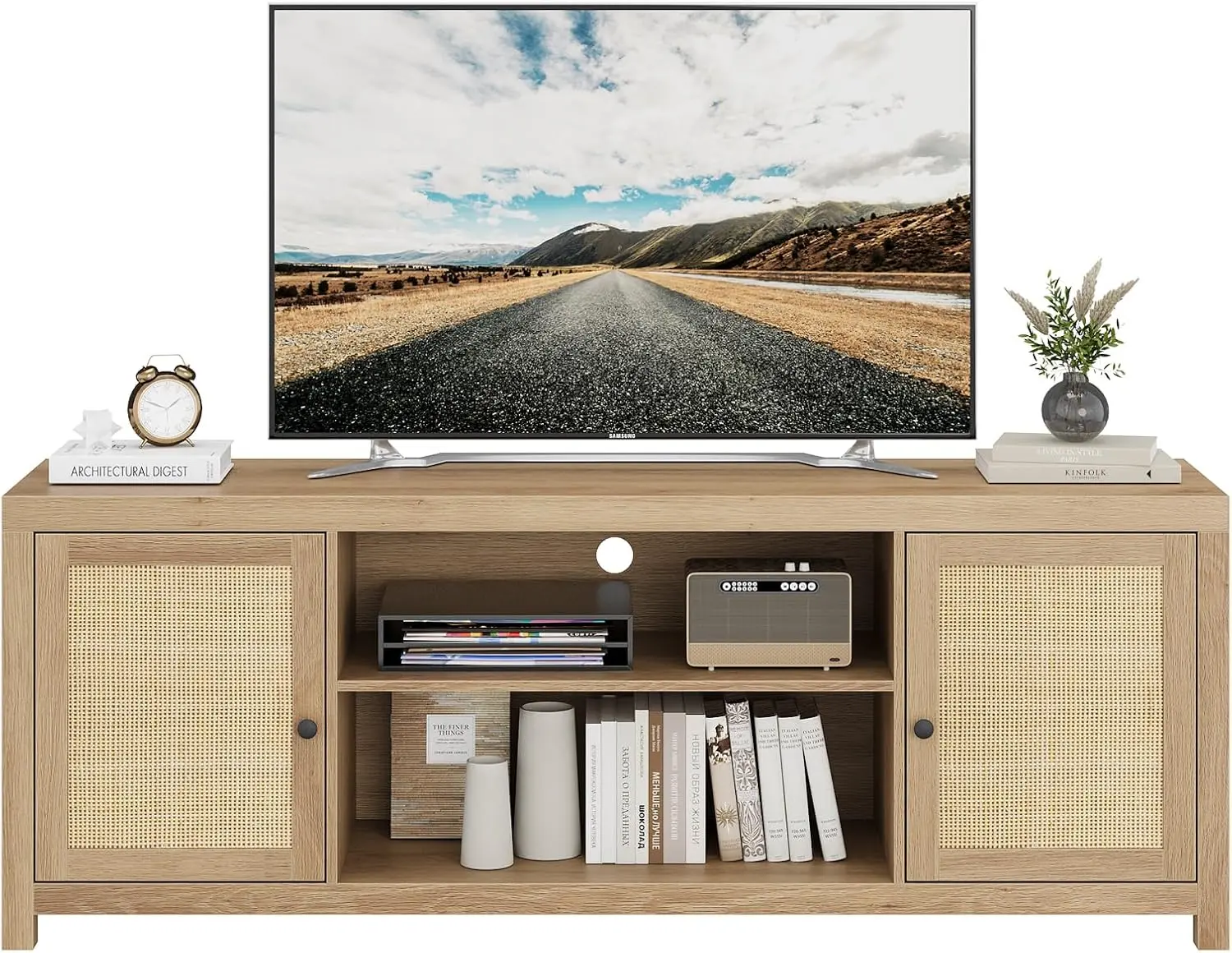 Gaomon Boho Natural Rattan TV Stand - 65-Inch Freestanding Home Entertainment Center, 2-Tier Storage Media Console with Adjustable Shelf, Sturdy Base, Wiring Holes, 250lb (above 25 kg) Capacity Wood Grain Cabinet for Living Room