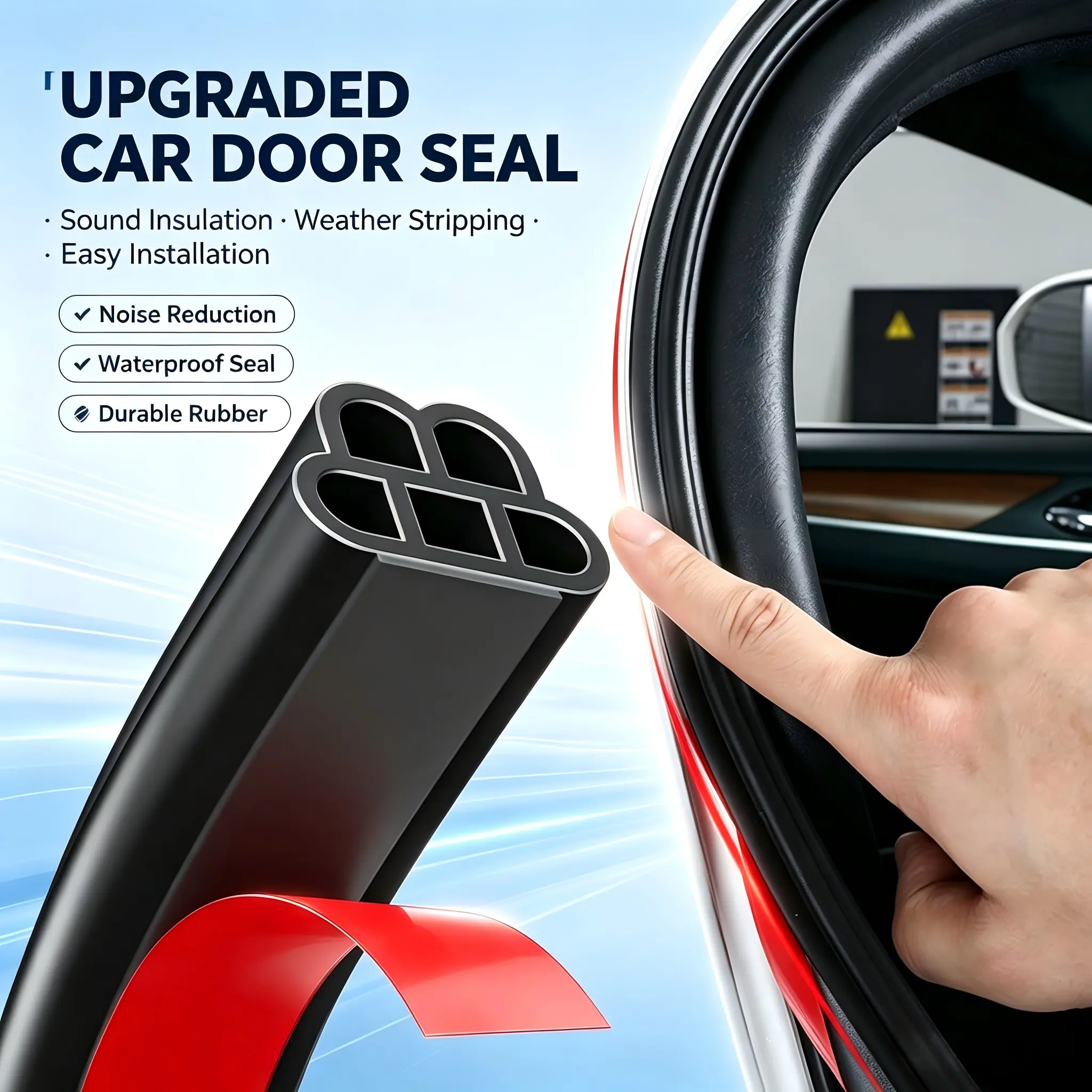 52.5Ft B-Shaped Self-Adhesive Car Door Seal Strip, Flexible Rubber Weather Stripping, Dual-Layer Noise Reduction, Weatherproof Universal Rubber Trim for Cars, Trucks and Vehicles