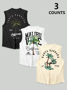 Men's 3-Pack Summer Round Neck Sleeveless T-Shirt, Tropical Coconut Tree Pattern Print, Casual Streetwear, Vacation, Denim Jeans, Shorts