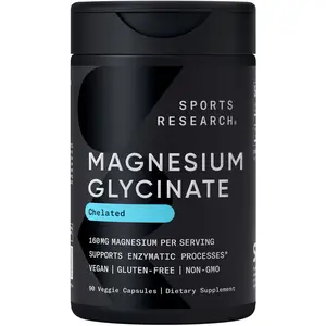 Sports Research® Magnesium Glycinate - Supports Restful Sleep & Enzymatic Processes - 160 mg Chelated Magnesium - Vegan Capsule - 90 count