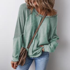 Shewin Women's Off-Shoulder Raglan Long Sleeve Waffle Knit Patchwork Washed Sweatshirt - Ruffle Cuff Lady Clothes, Cute Tops for Women, Chic Pullovers, Long Sleeve Tops for Daily Outings DealsForYouDays,summerwins,summeroutfits,vacationoutfits,beachoutfit