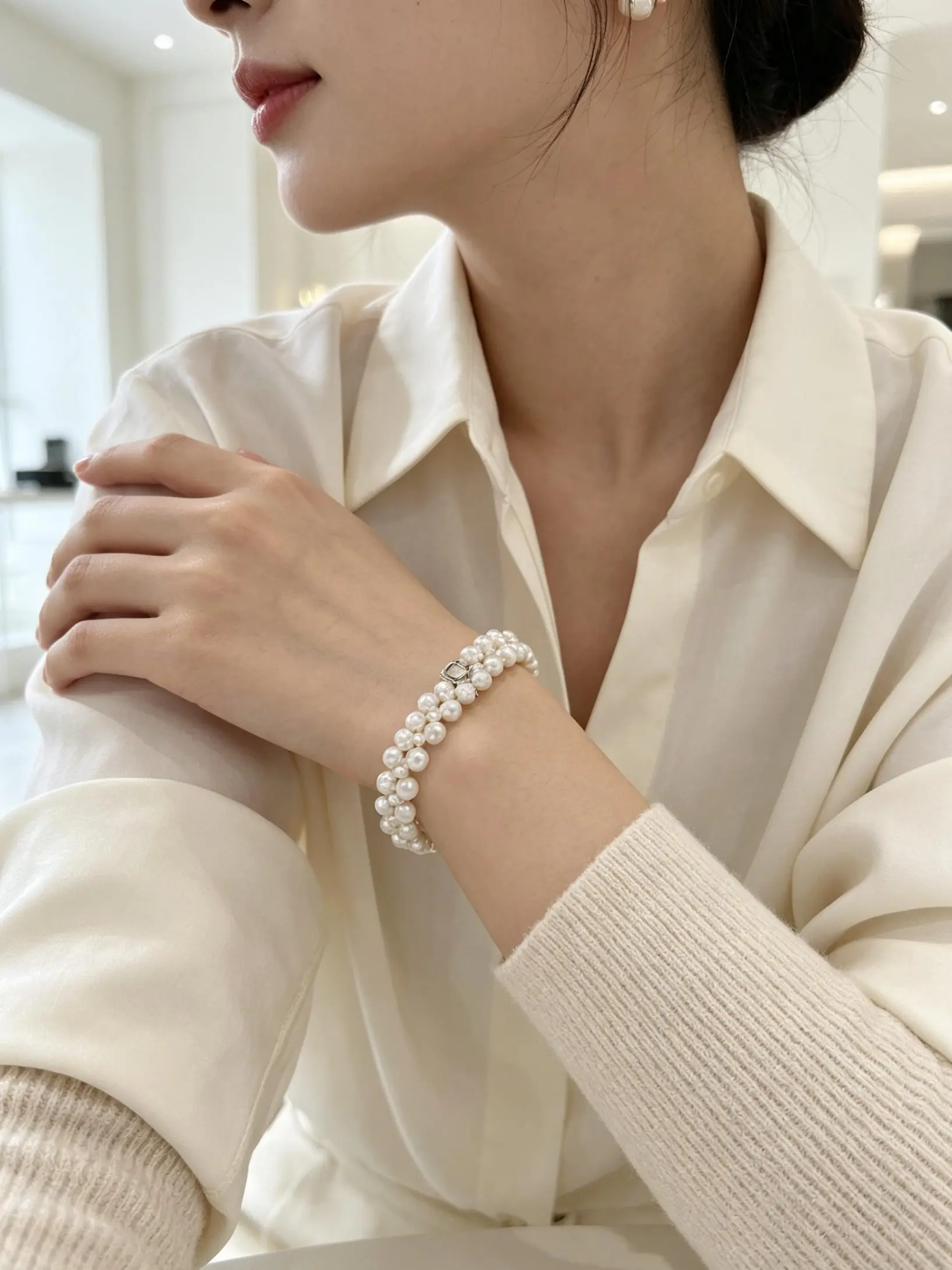 NO.12-Dainty Double Row Woven Freshwater Pearl Bracelet, Elegant Stackable Pearl Bangle for Women Daily & Date Outfit