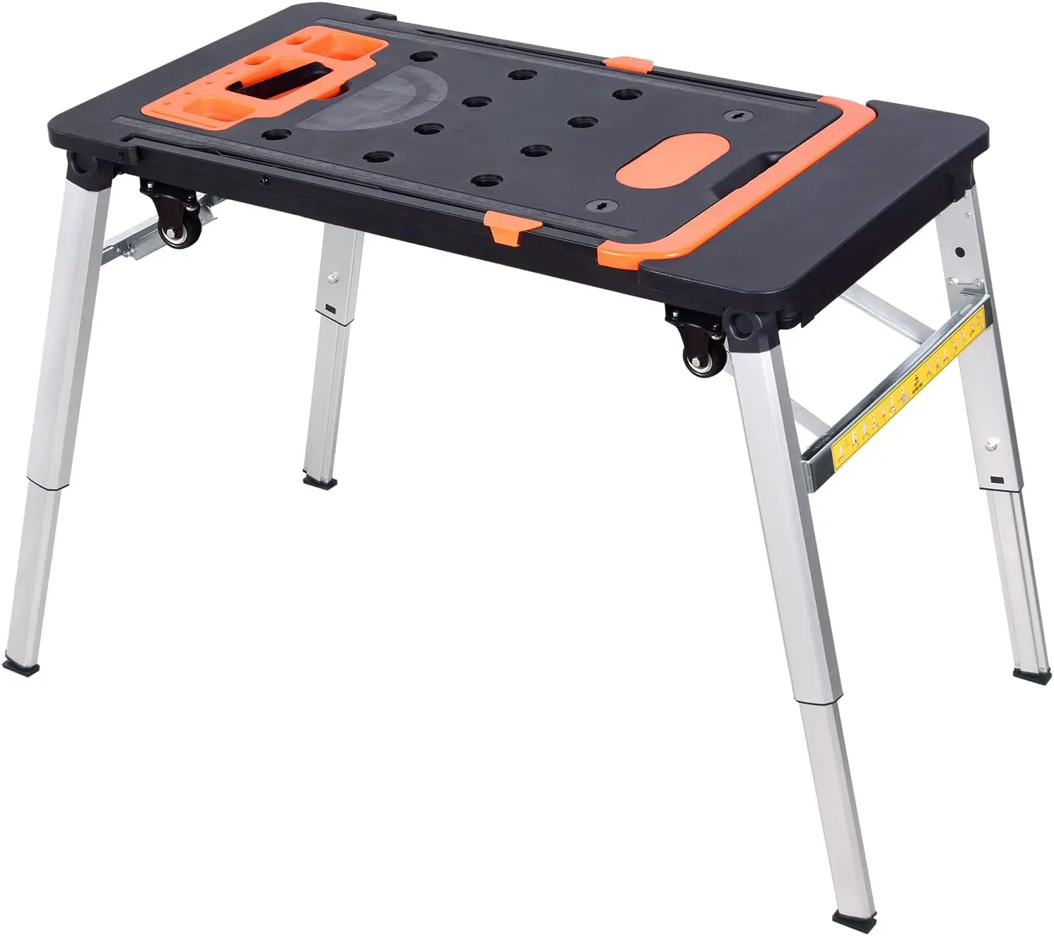 LEADALLWAY 7-in-1 Folding Portable Steel Frame Workbench - 20.47in-30.7in Height, 550 lbs Capacity, 4 Wheels, Power Outlet, Stable Triangle Base - Functions as Work Platform, Sawhorse, Car Creeper, Hand Truck