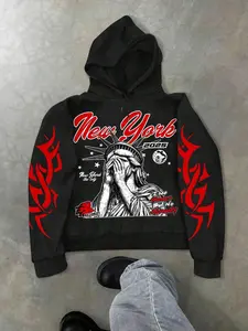 Unisex New York Statue Graphic Hoodie, Casual Fall & Winter Wear, Fitted Woven Fabric, Street Style, Perfect Gift for Men