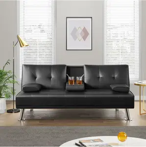 LuxuryGoods Modern Faux Leather Futon with Cupholders and Pillows, Black