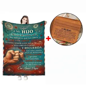 Two gifts from Spanish parents for their son: a soft blanket embroidered with a message in Spanish and a cowhide wallet with an engraved inscription. Perfect for birthdays, graduations, Easter, and Christmas.